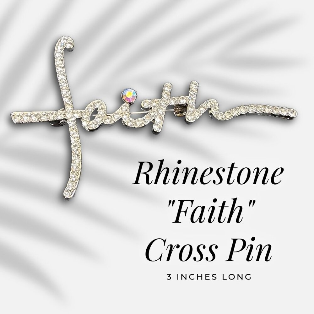 Rhinestone "Faith" Cross Pin – 3 Inch Brooch